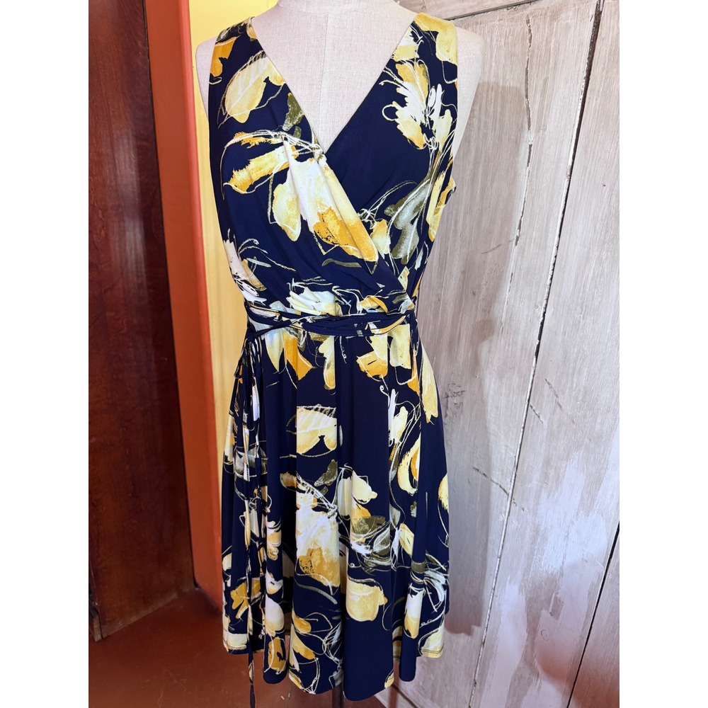 Tiana B Womens Navy Blue Yellow Floral Faux Wrap Dress Sleeveless V-Neck Size 10
